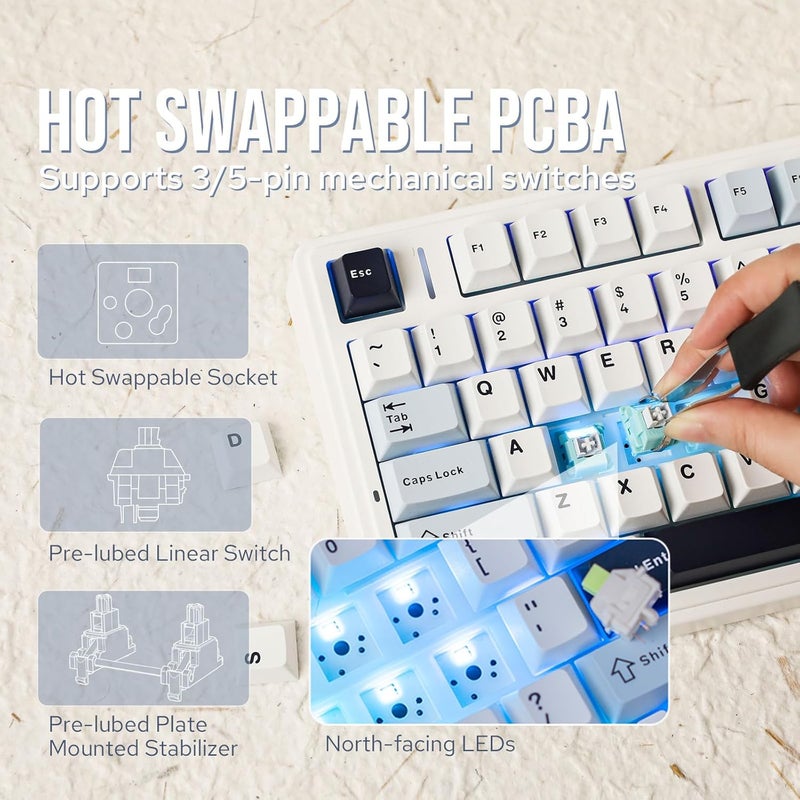 EPOMAKER x Aula F75 Gasket Mechanical Keyboard, 75% Wireless Hot Swappable Gaming Keyboard with Five-Layer Padding&Knob, BT/2.4GHz/USB-C, RGB (Light Blue, Crescent Switch) - Image 4